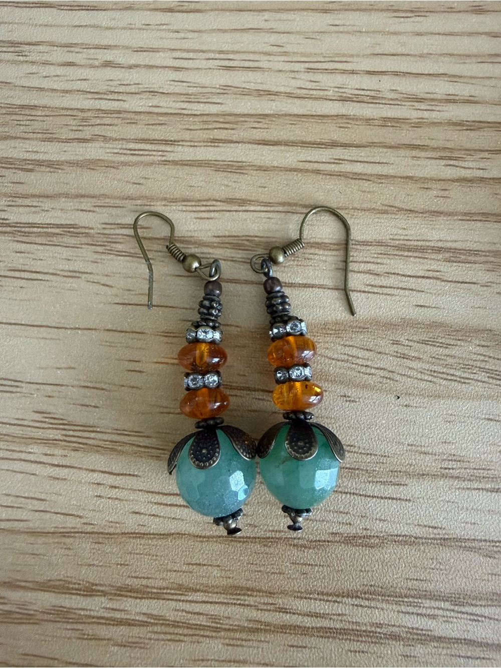 Green and Amber Bead Dangle Earrings